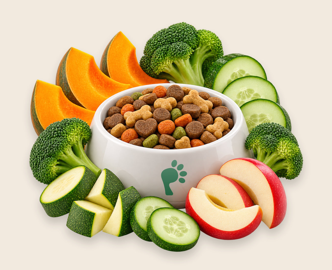 A pet food bowl surrounded by squash, broccoli, cucumber, zucchini, apple and dog treats